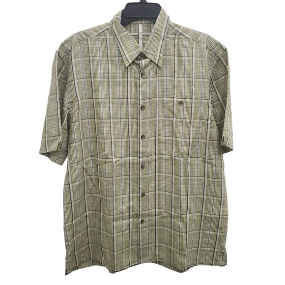 Axis Men's Green Blue‎ Plaid Rayon Modal Blend Short Sleeve Button Up Shirt Sz L - Picture 1 of 6